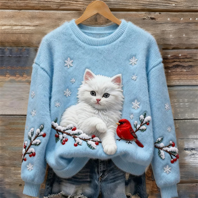 Luna | Pull Douillet Avec Chat Neigeux Menthe