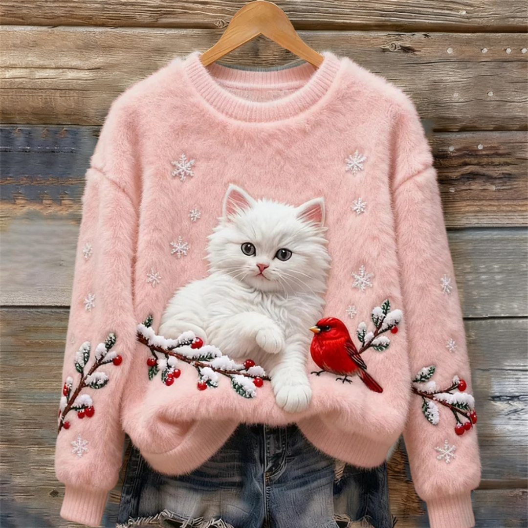 Luna | Pull Douillet Avec Chat Neigeux Menthe