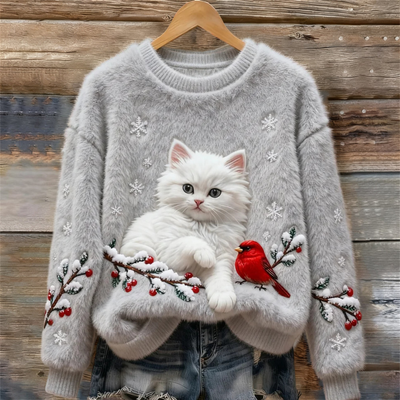 Luna | Pull Douillet Avec Chat Neigeux Menthe