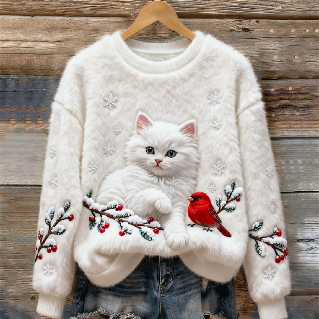 Luna | Pull Douillet Avec Chat Neigeux Menthe