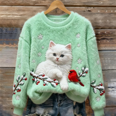 Luna | Pull Douillet Avec Chat Neigeux Menthe