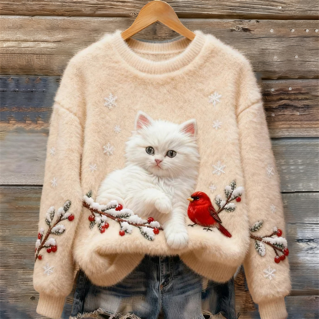 Luna | Pull Douillet Avec Chat Neigeux Menthe