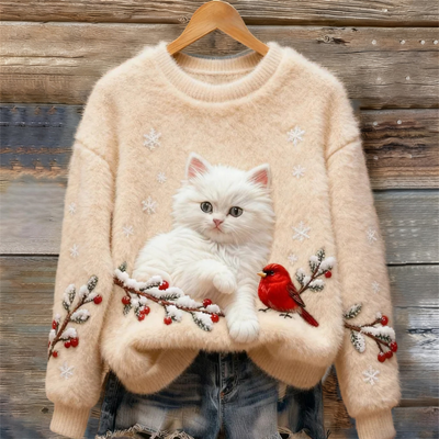 Luna | Pull Douillet Avec Chat Neigeux Menthe