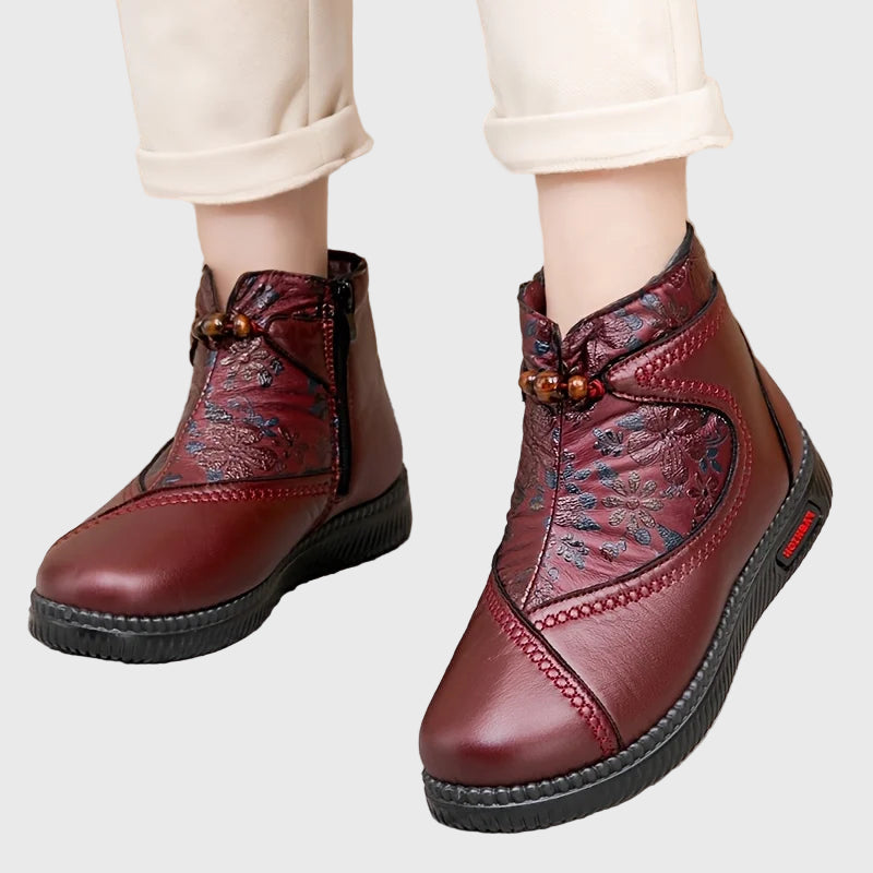 Isaline™ | Bottines en Cuir Vintage avec Détails Floraux