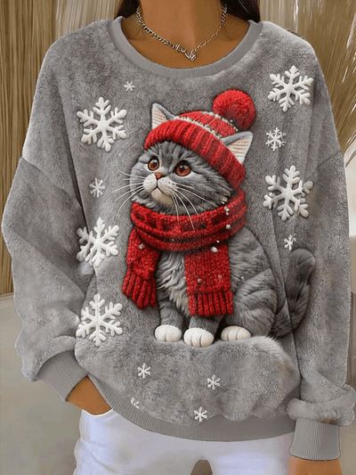 Lisa  | Pull Doux avec Imprimé d'Art de Chat de Noël