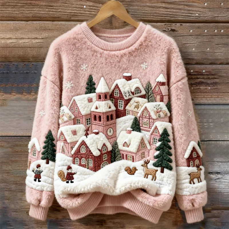 Pull Cocooning Hivernal – Village Enneigé Rose 2