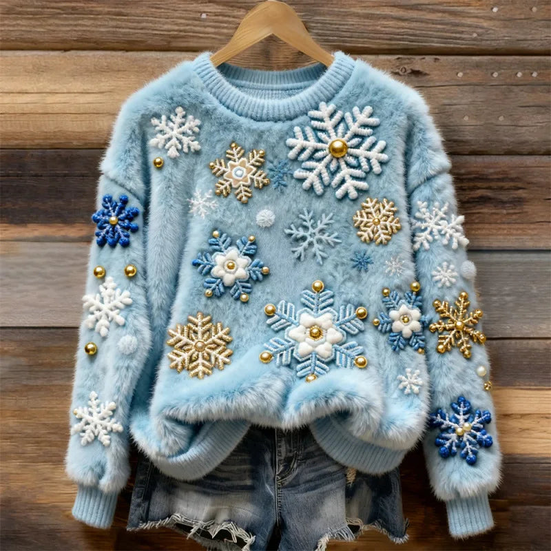 Pull Cosy Winter Wonderland – Flocons de Neige Givrés Bleus