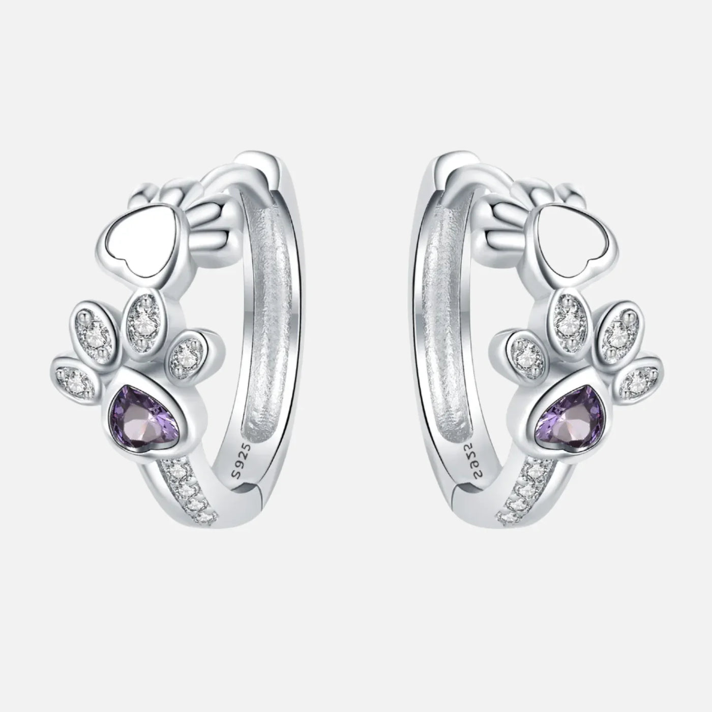 Boucles d'oreilles Paw Huggie en argent avec zircons et gemme en forme de cœur