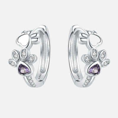 Boucles d'oreilles Paw Huggie en argent avec zircons et gemme en forme de cœur
