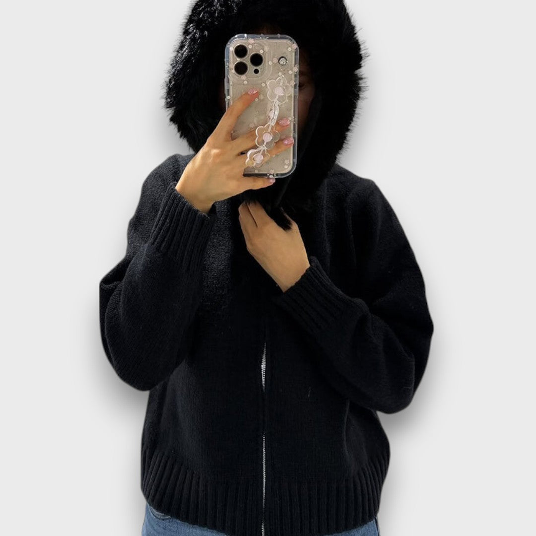 Alisanne – Veste en maille avec zip et col montant en fausse fourrure