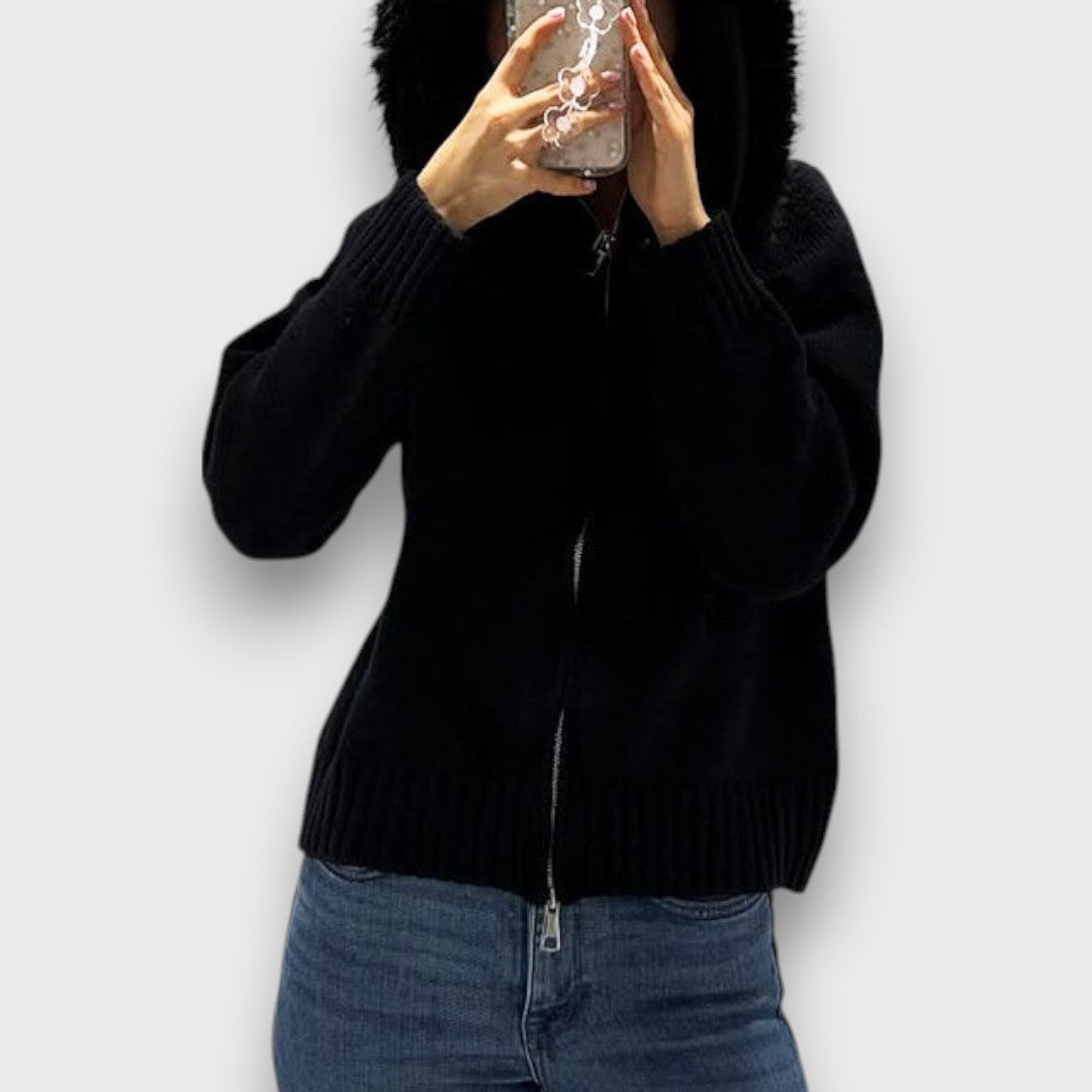 Alisanne – Veste en maille avec zip et col en fausse fourrure