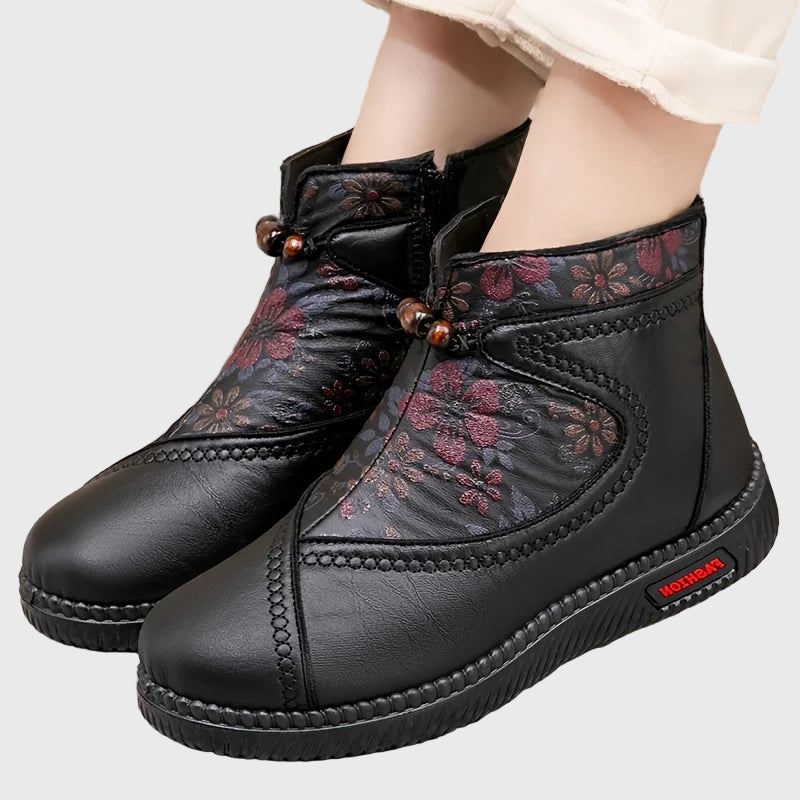 Isaline™ | Bottines en Cuir Vintage avec Détails Floraux