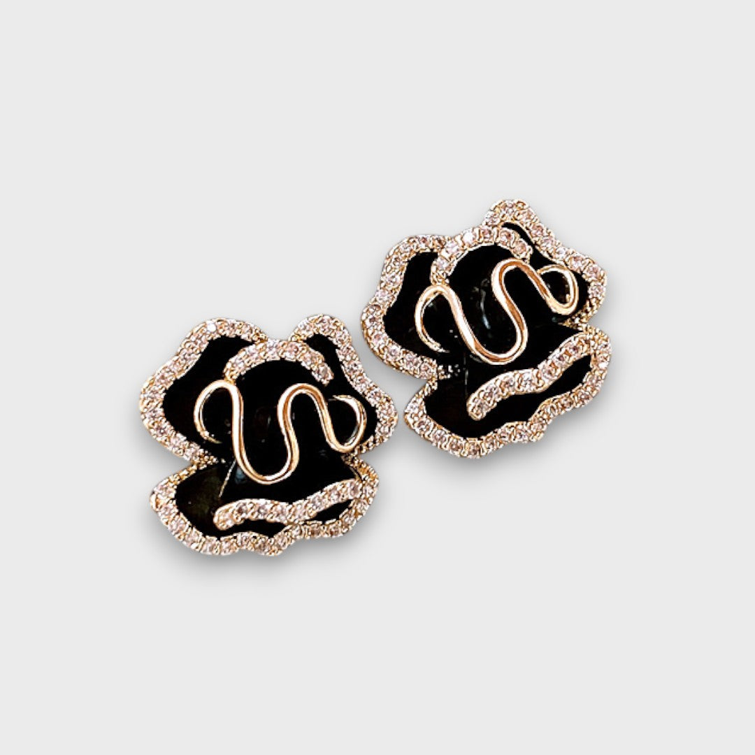 Ameliane – Boucles d'oreilles à fleurs noires avec contour doré